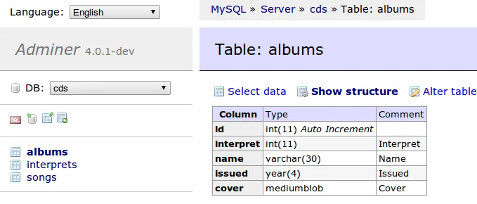 Adminer self-hosted web interface screenshot