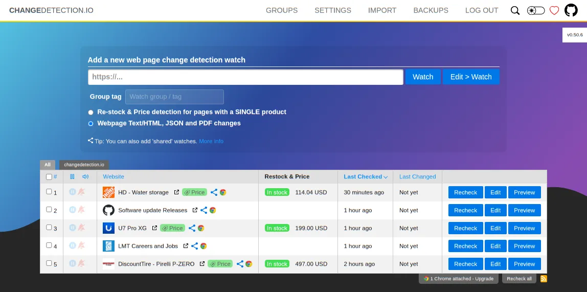 changedetection.io self-hosted web interface - Website change monitoring