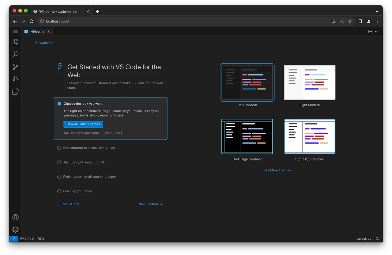 code-server self-hosted web interface screenshot