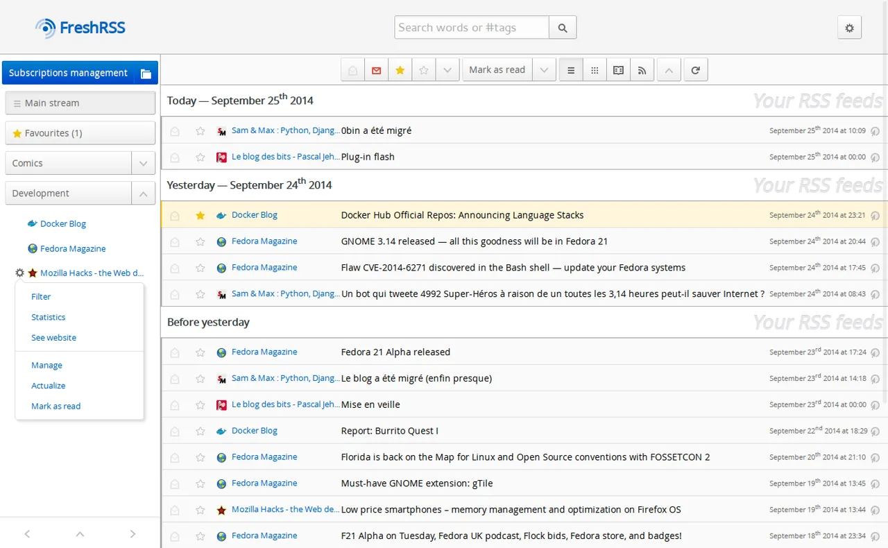 FreshRSS self-hosted web interface screenshot