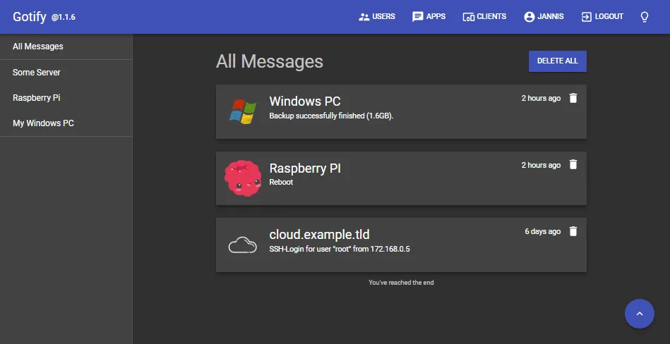 Gotify self-hosted web interface screenshot