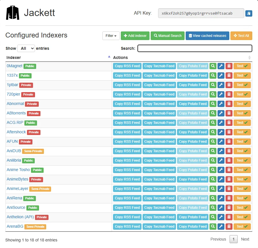 Jackett self-hosted web interface - API proxy for torrent indexers