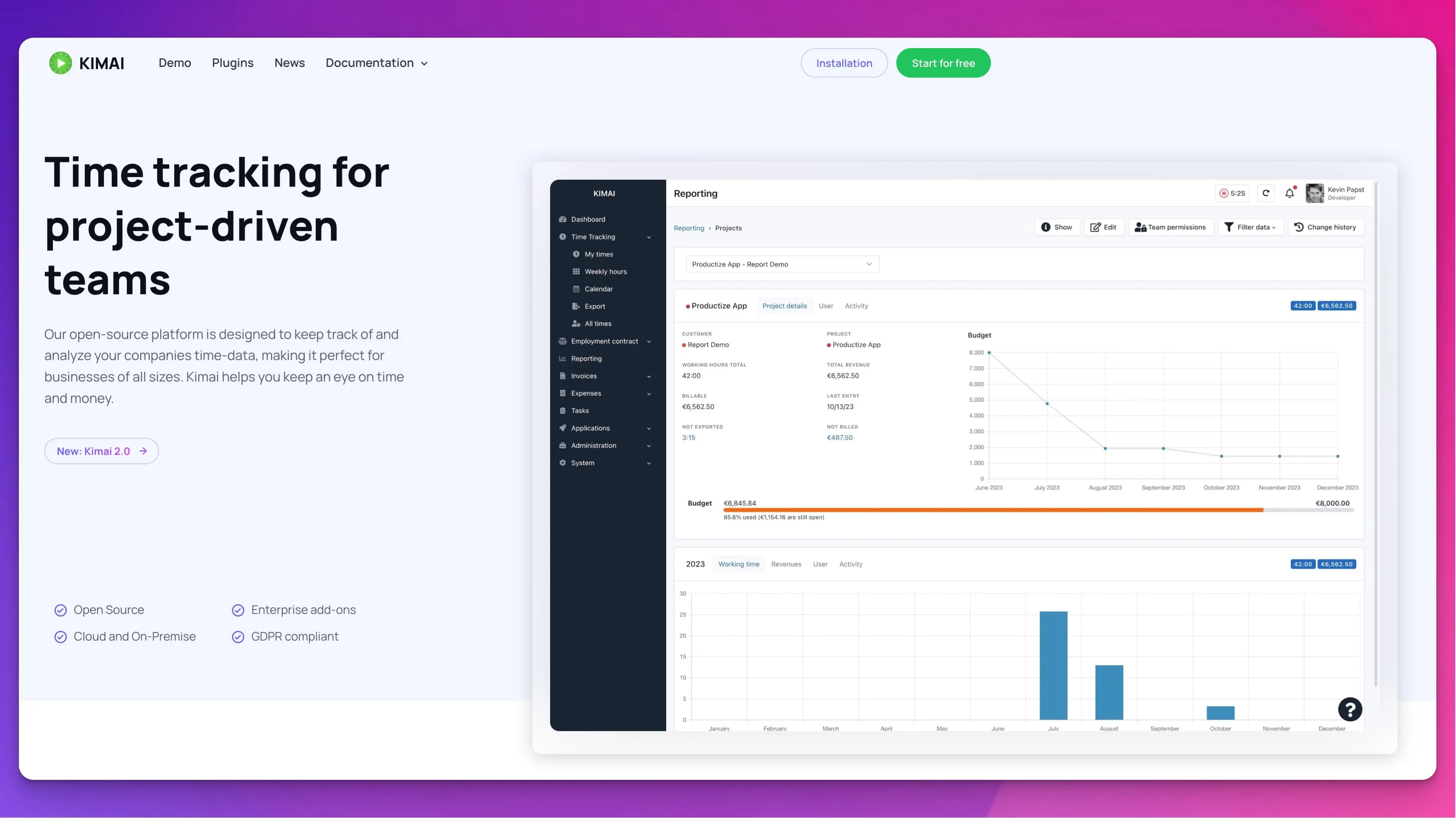 Kimai self-hosted web interface screenshot