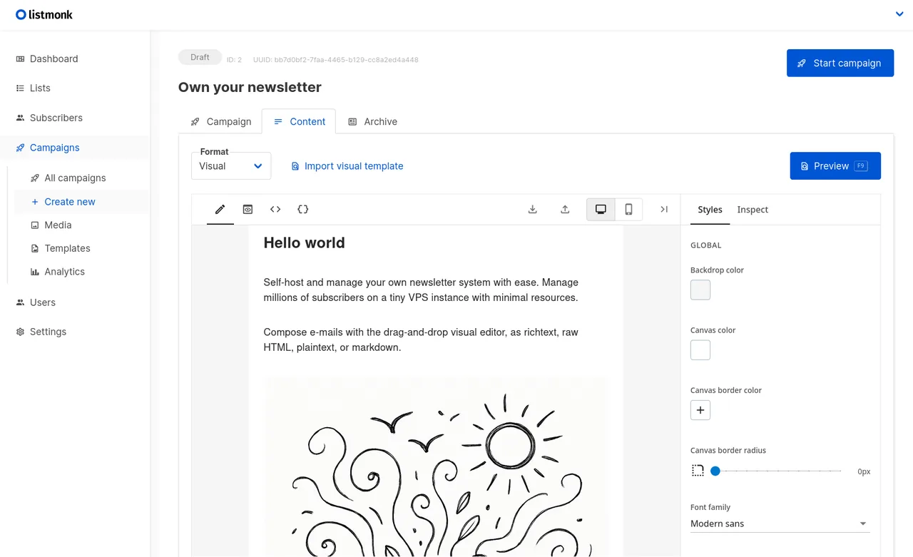 Listmonk self-hosted web interface screenshot