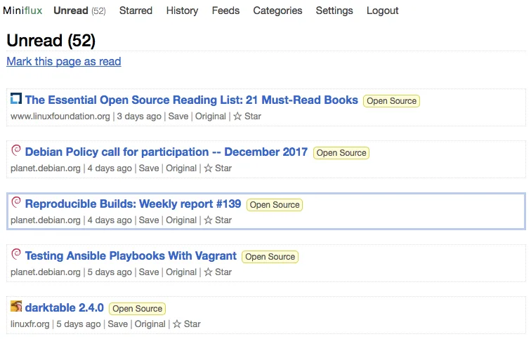 Miniflux self-hosted web interface screenshot