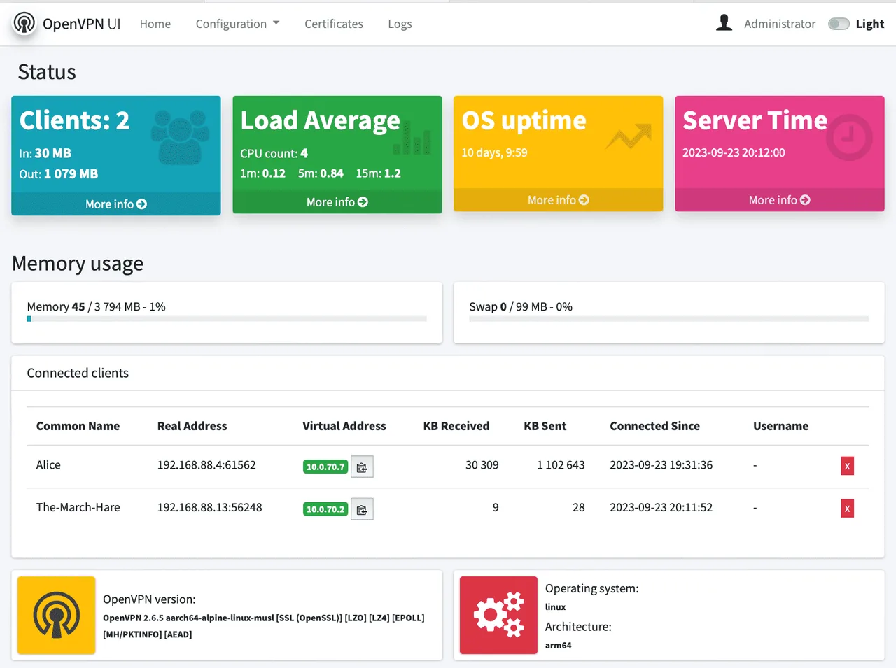 OpenVPN self-hosted web interface screenshot