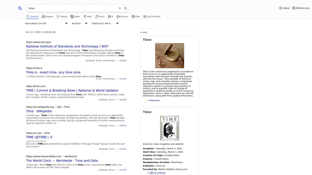 SearXNG self-hosted web interface - Privacy-respecting metasearch engine