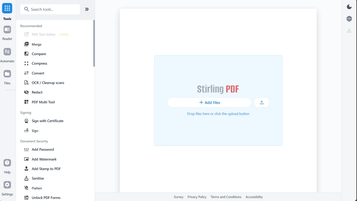 Stirling PDF self-hosted web interface screenshot