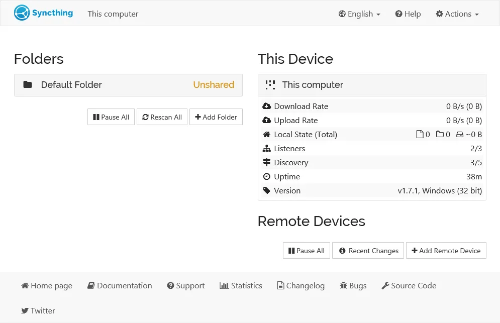 Syncthing self-hosted web interface screenshot
