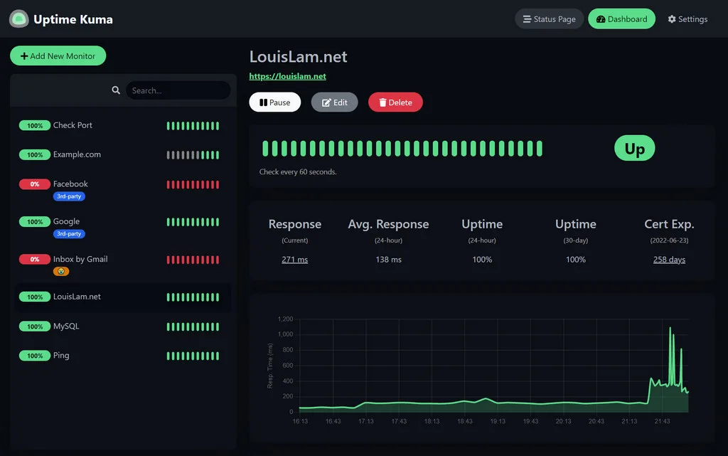 Uptime Kuma self-hosted web interface screenshot