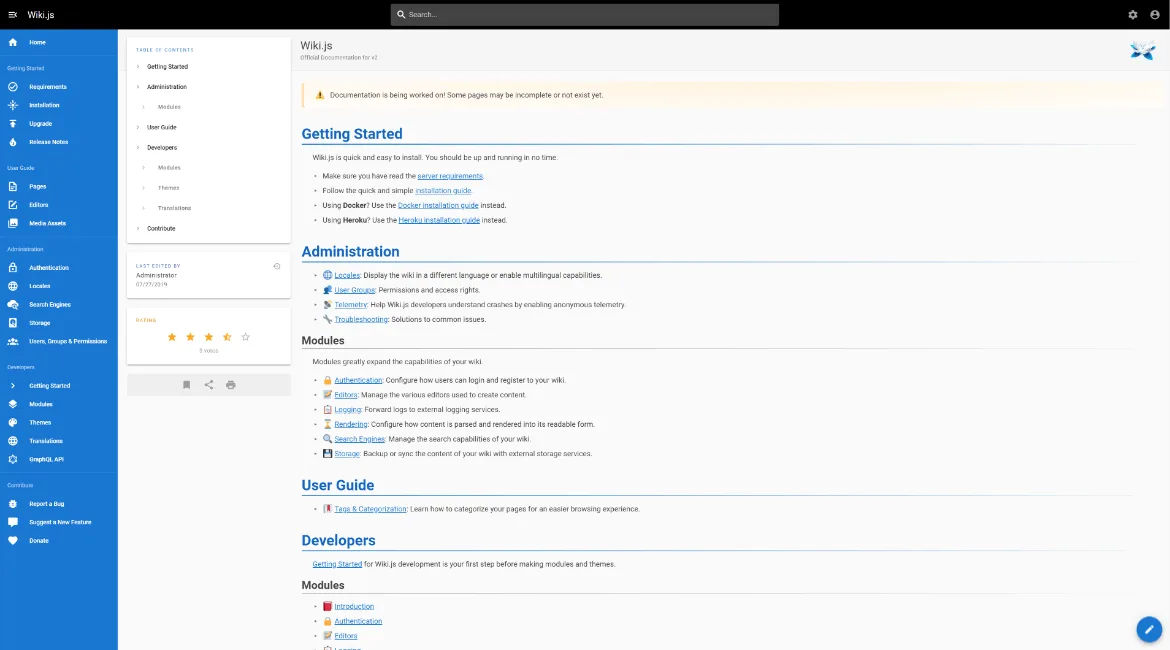 Wiki.js self-hosted web interface - The most powerful and extensible wiki
